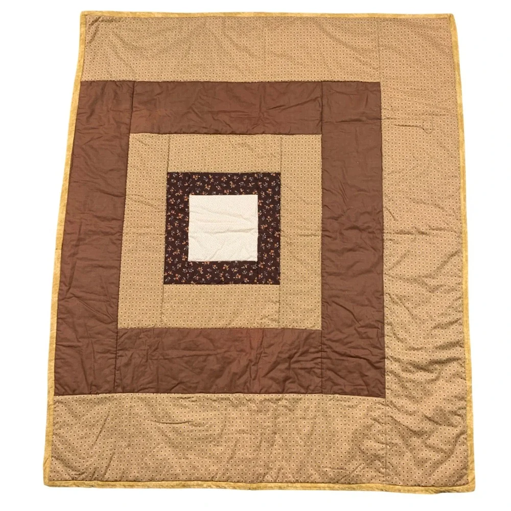 Handmade Log Cabin Quilt Baby Blanket Earth Tones Square‎ Patchwork
